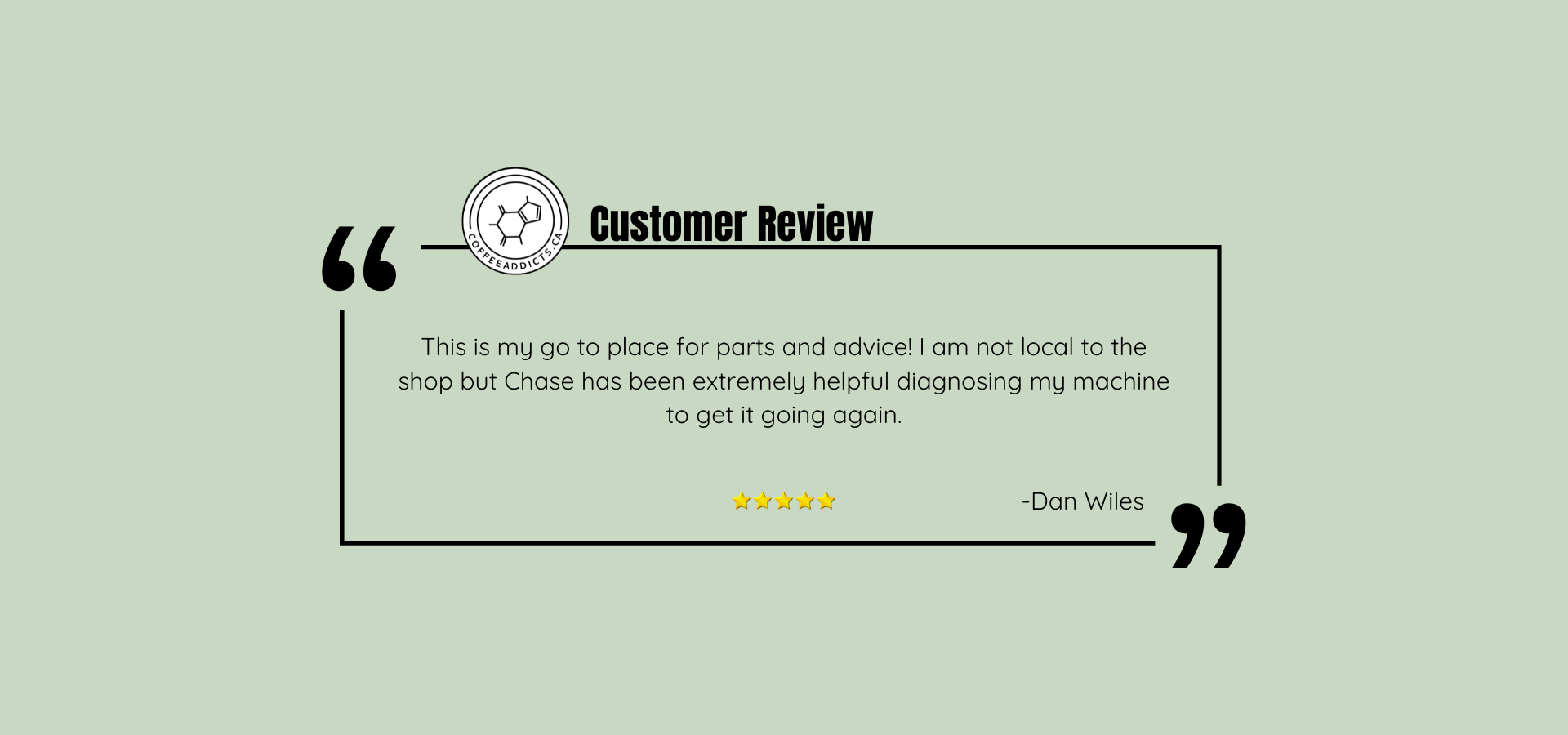 Customer review text on a light green background with a star rating and name.