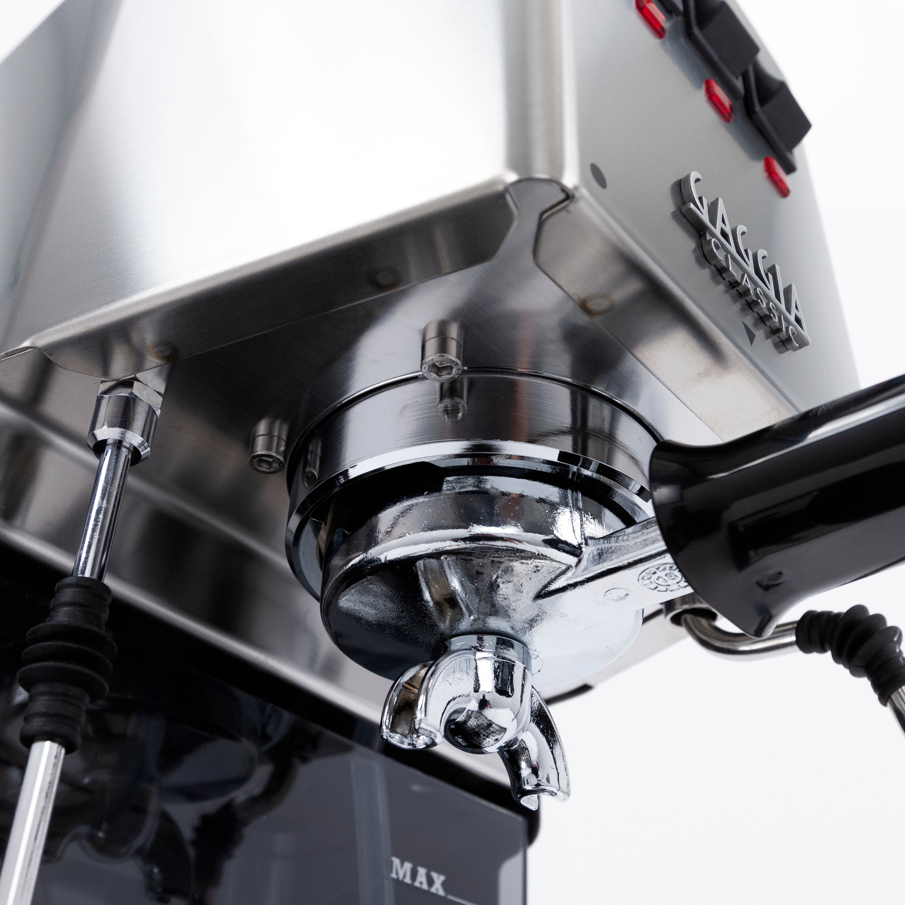 Gaggia Classic Pro stainless steel espresso machine portafilter view