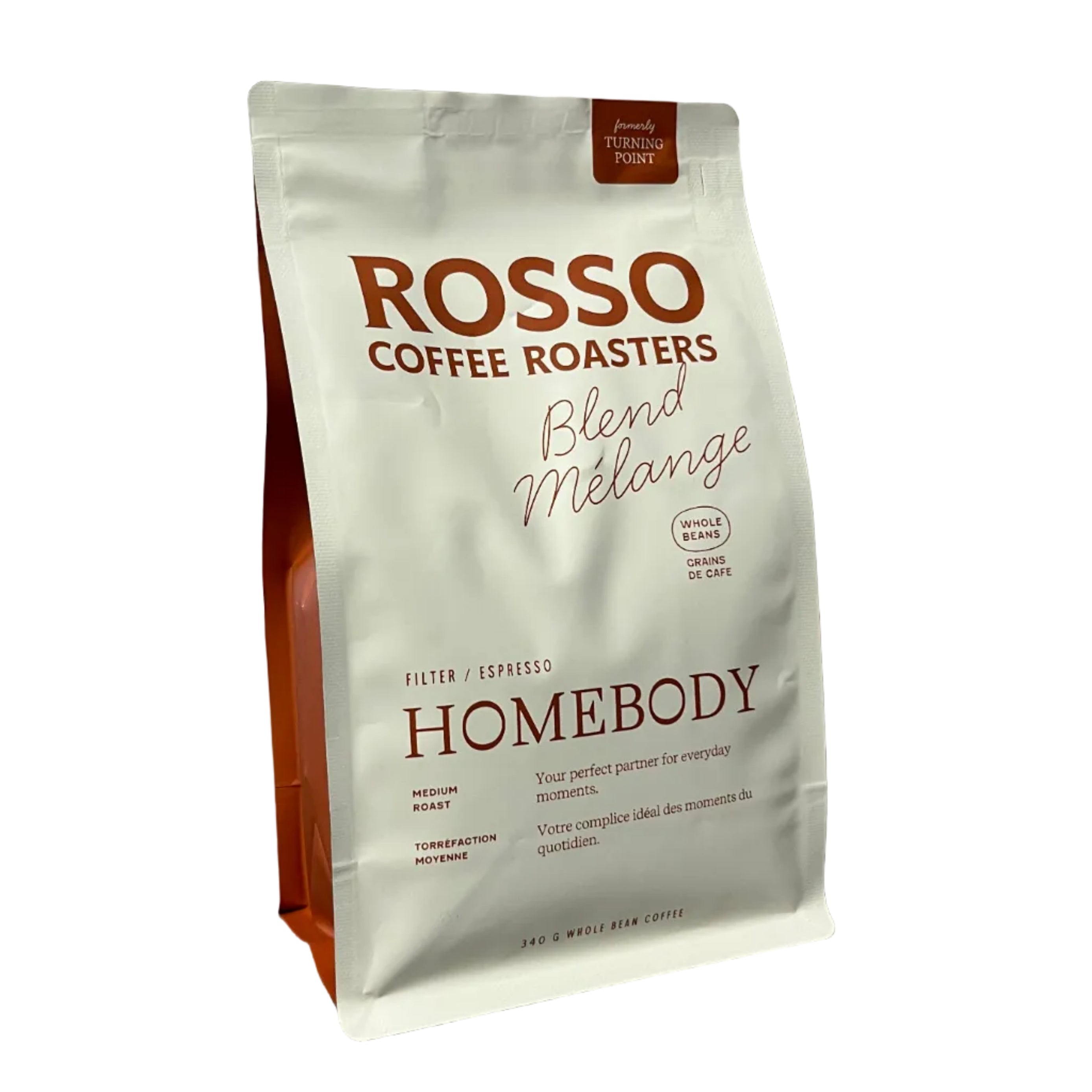 Coffee bag from Rosso Coffee Roasters on a textured surface