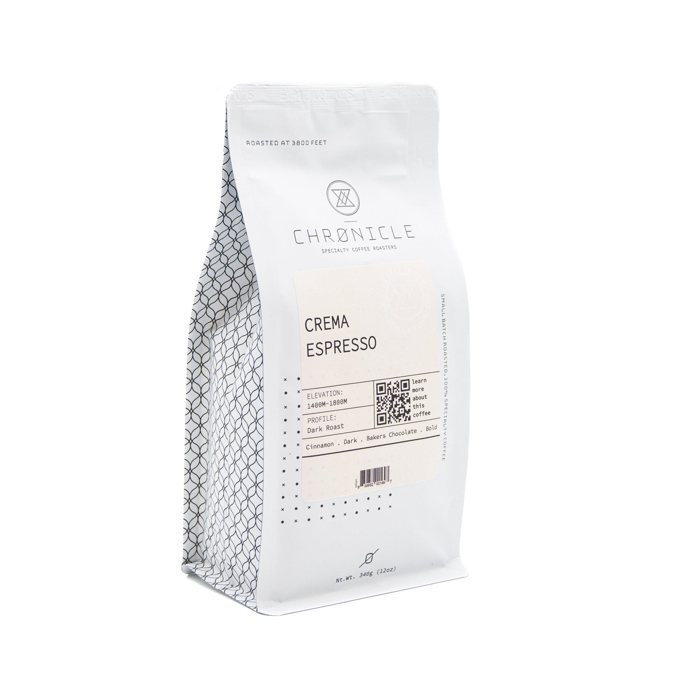 Coffee bag labeled 'Chronicle Crema Espresso' on a white background