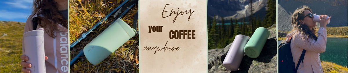 A five-panel collage promoting a portable insulated coffee mug. The panels show a person holding a mint green mug in a grassy field, the mug on a trail, a mug on a mountain path, a mug in a handbag, and a woman drinking from the mug by Helen lake, Alberta.
