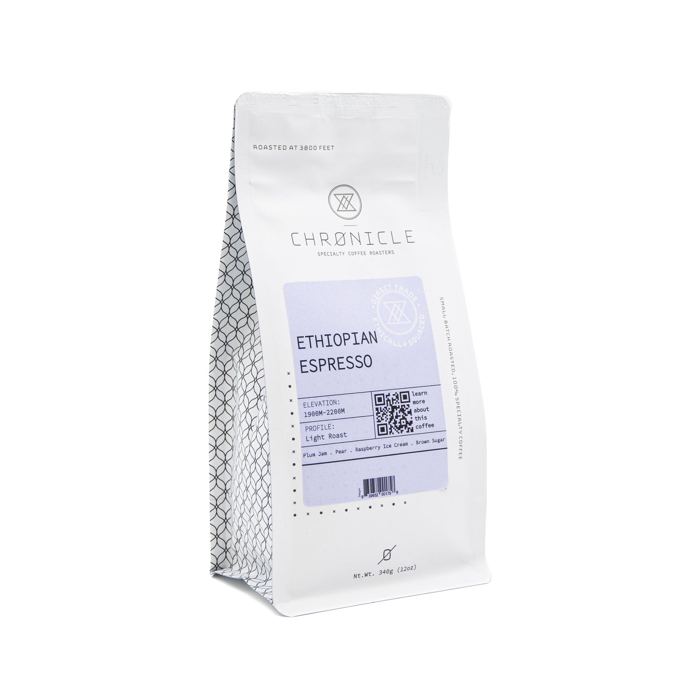 Coffee bag labeled 'Ethiopian Espresso' from the brand 'Chronicle' on a white background