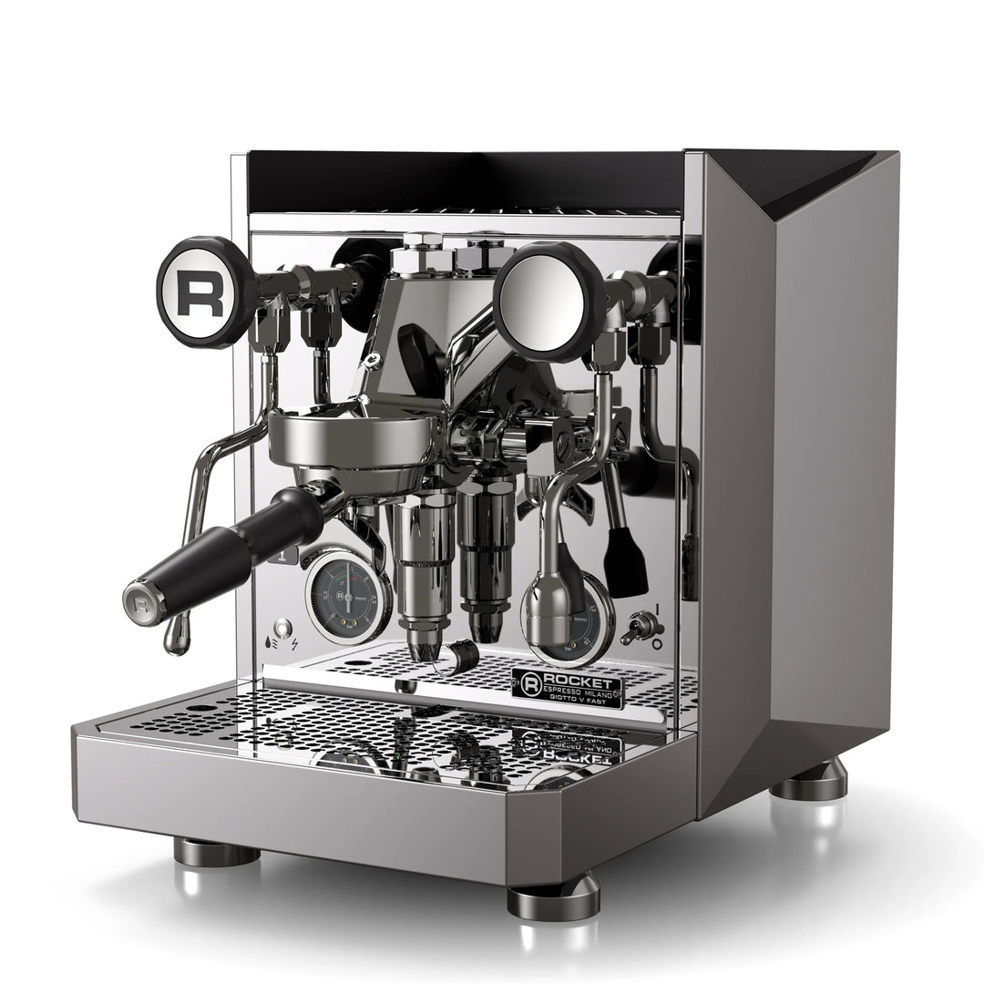 Espresso machine with a brand logo on a white background