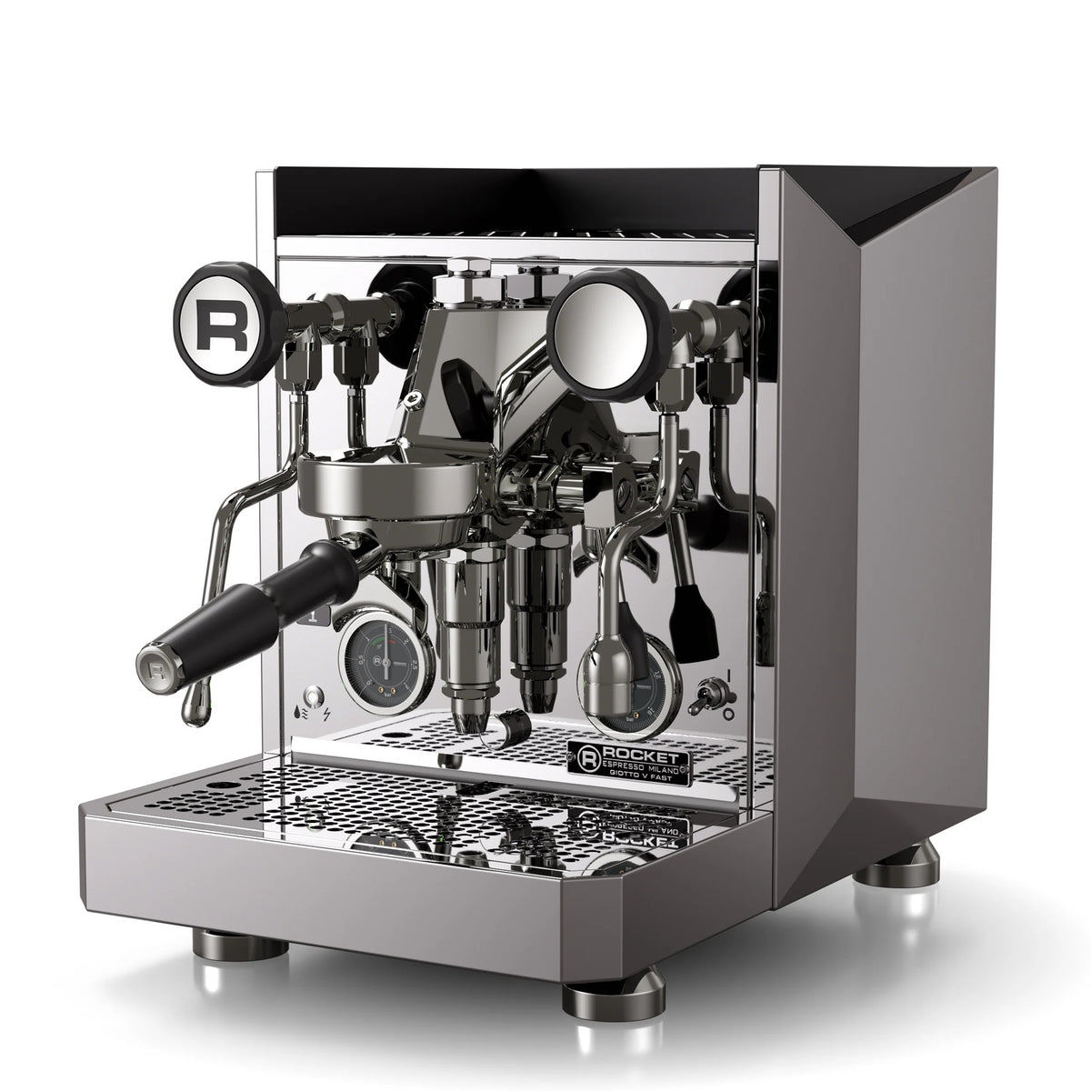 Espresso machine with a brand logo on a white background
