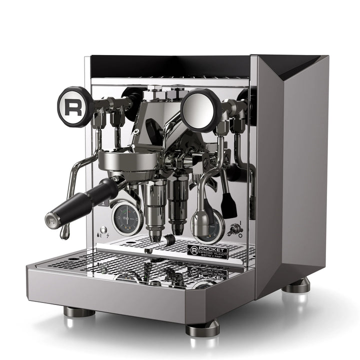 Espresso machine with a brand logo on a white background