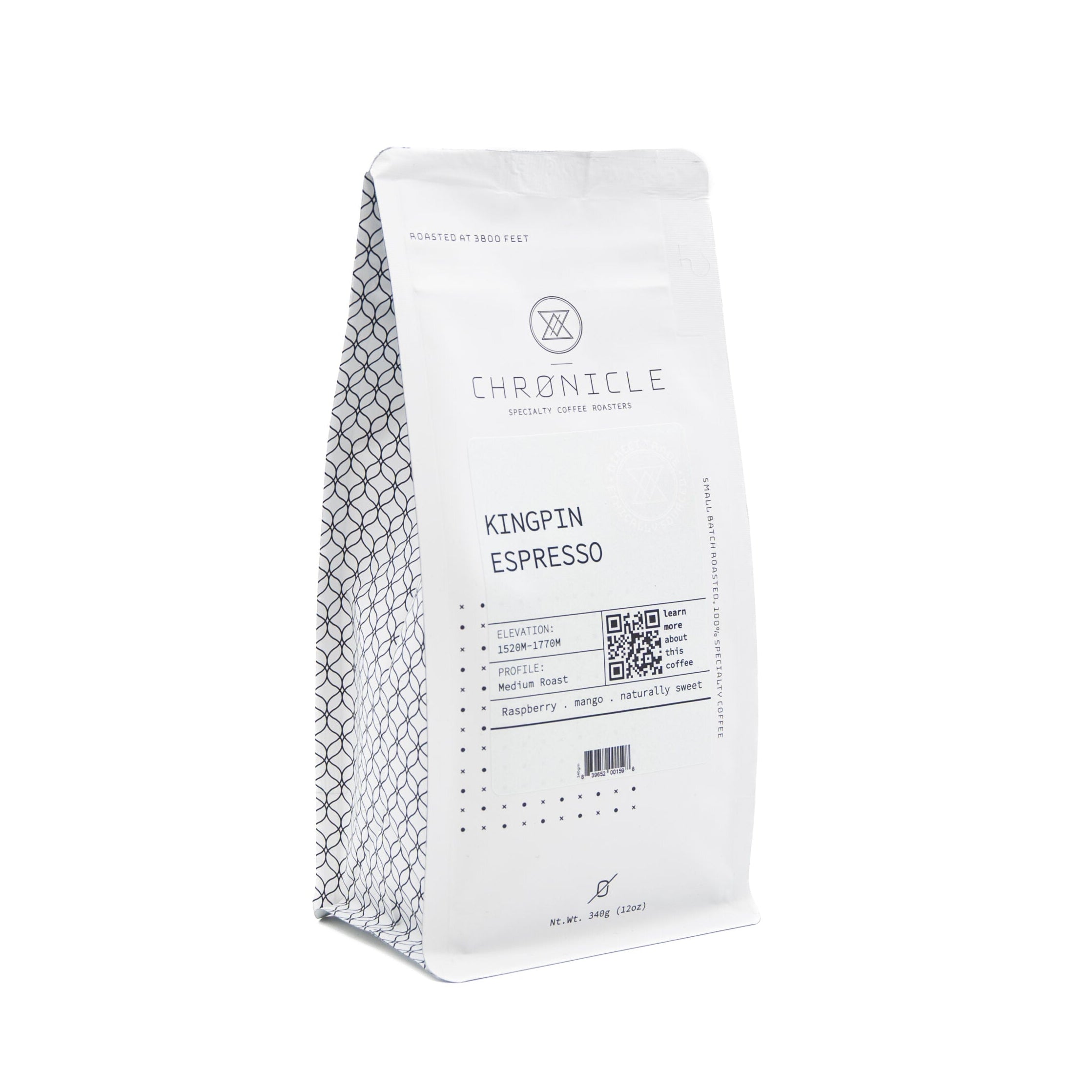 Coffee bag labeled 'Kingpin Espresso' from Chronicle on a white background
