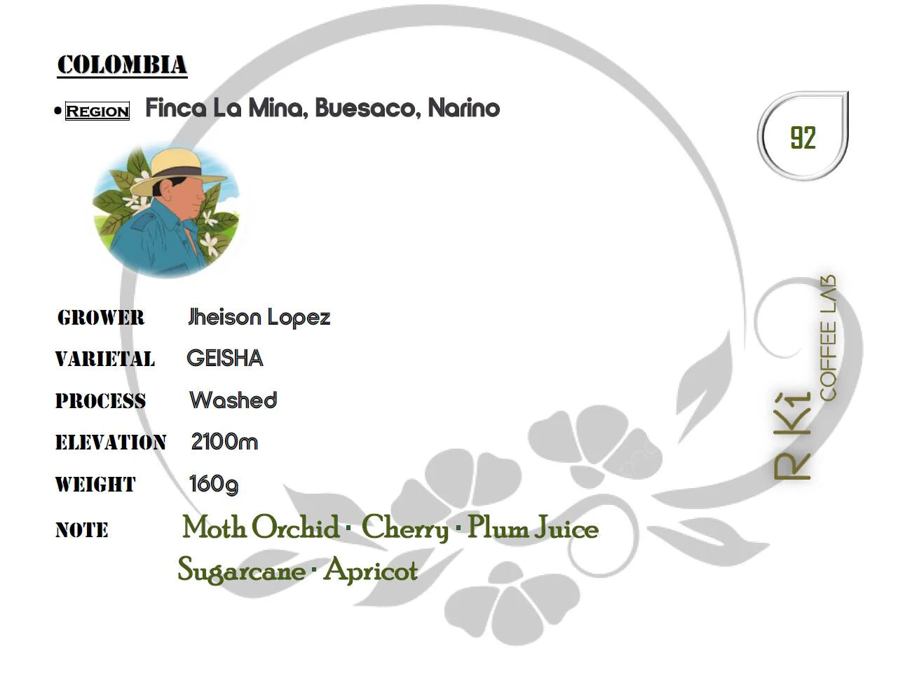 R Ki Coffee Lab - Colombia - Finca La Mina Geisha Washed Coffee Beans