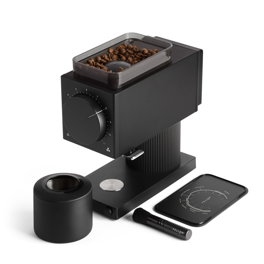Fellow Ode coffee grinder in black everything included
