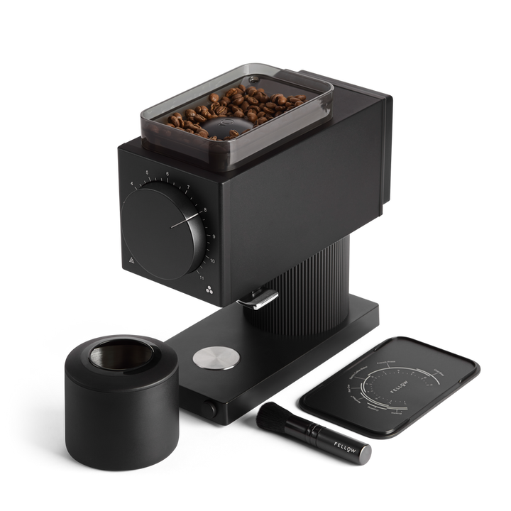 Fellow Ode coffee grinder in black everything included