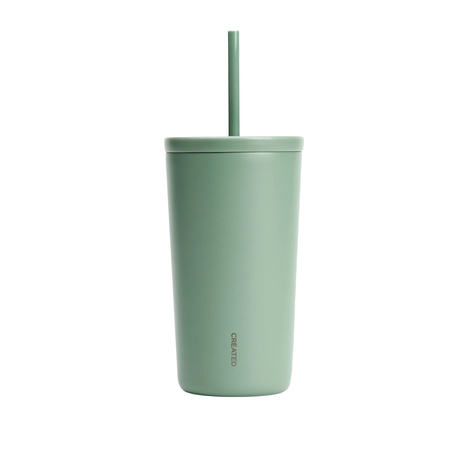 Sage Green tumbler with a straw on a white background