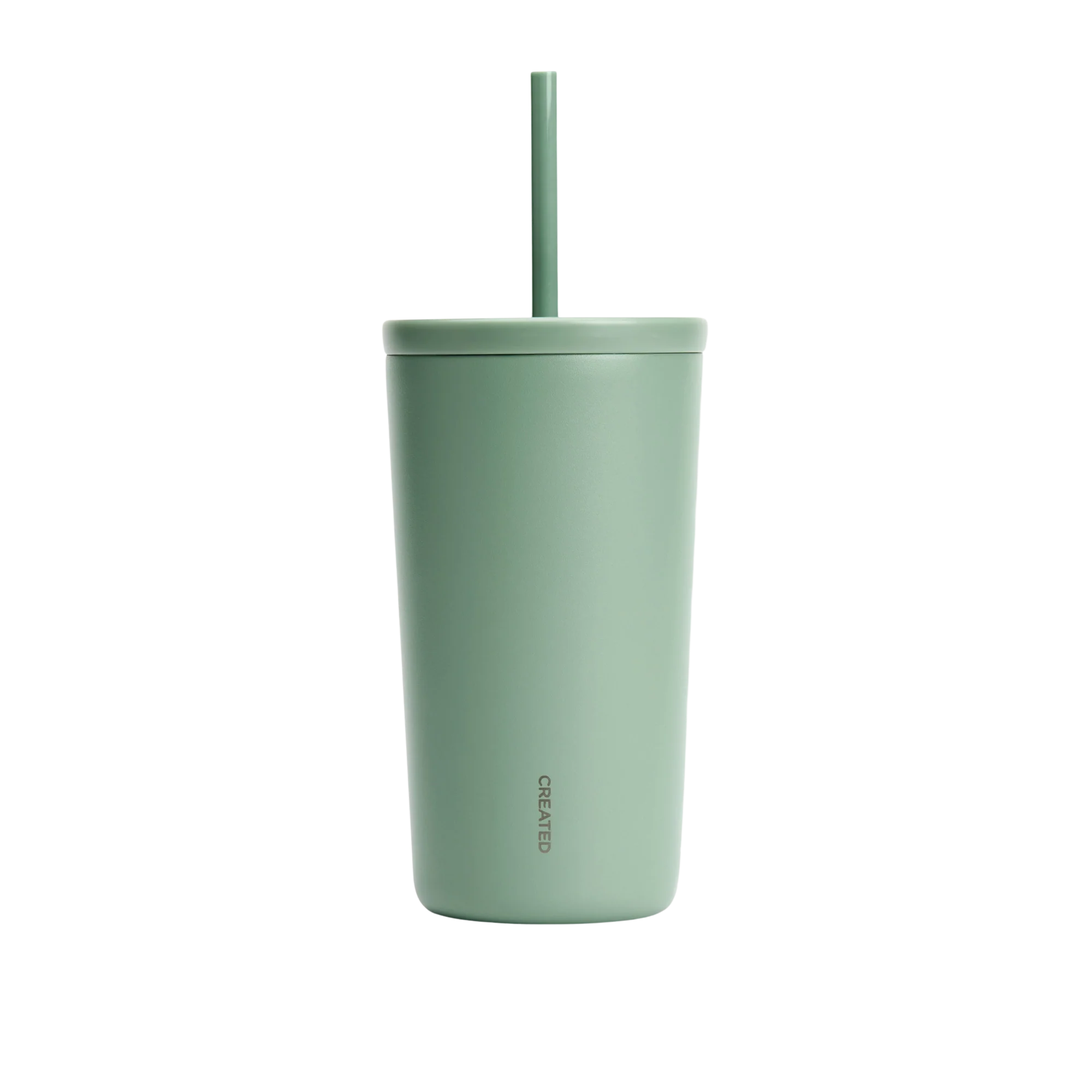 Sage Green tumbler with a straw on a white background