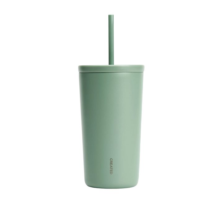 Sage Green tumbler with a straw on a white background