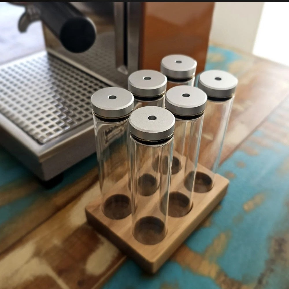 Coffee Sensor Bean Cellar With Walnut Stand And Glass Tubes With One Way Valve Caps
