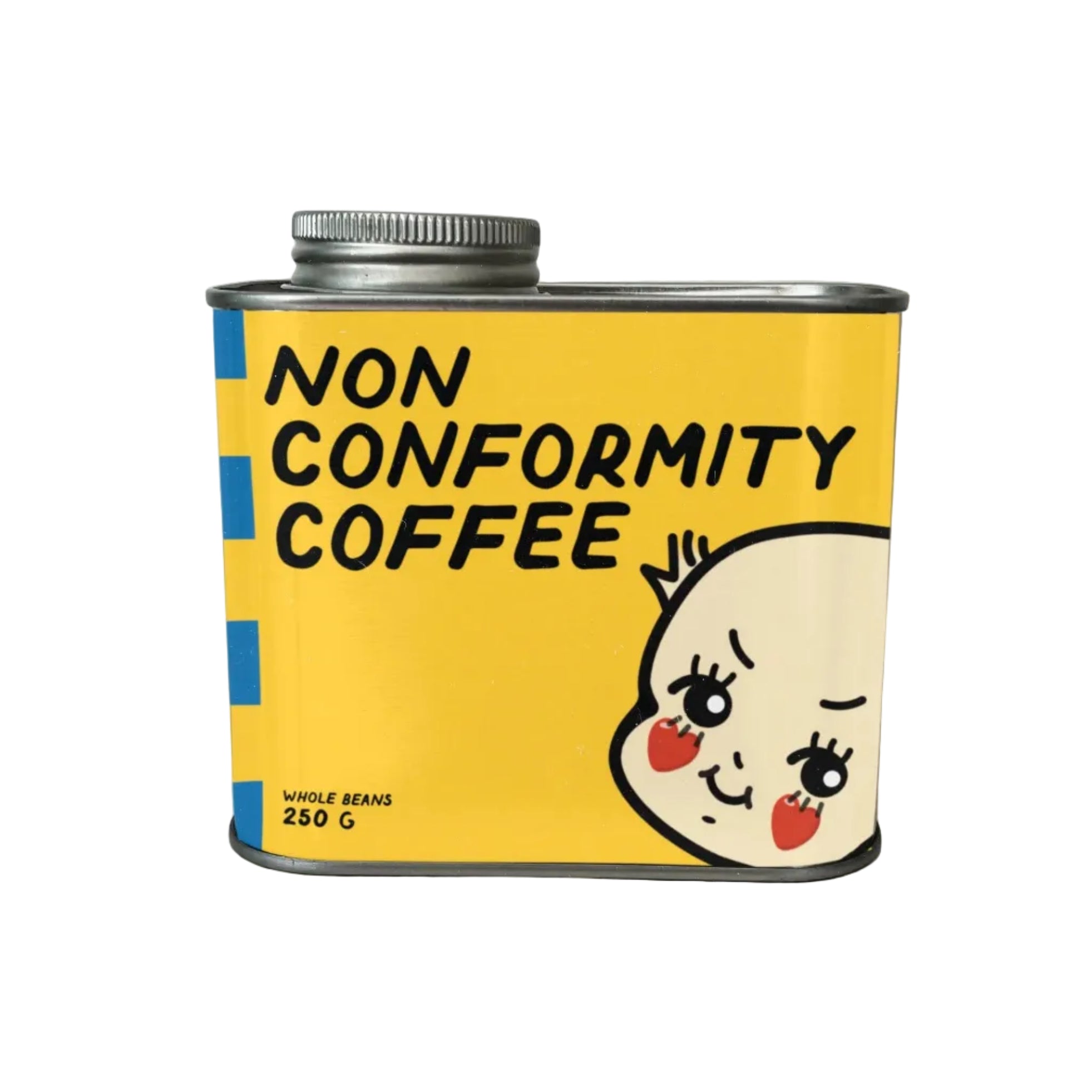 Coffee can with 'Non Conformity Coffee' label and cartoon face on a white background