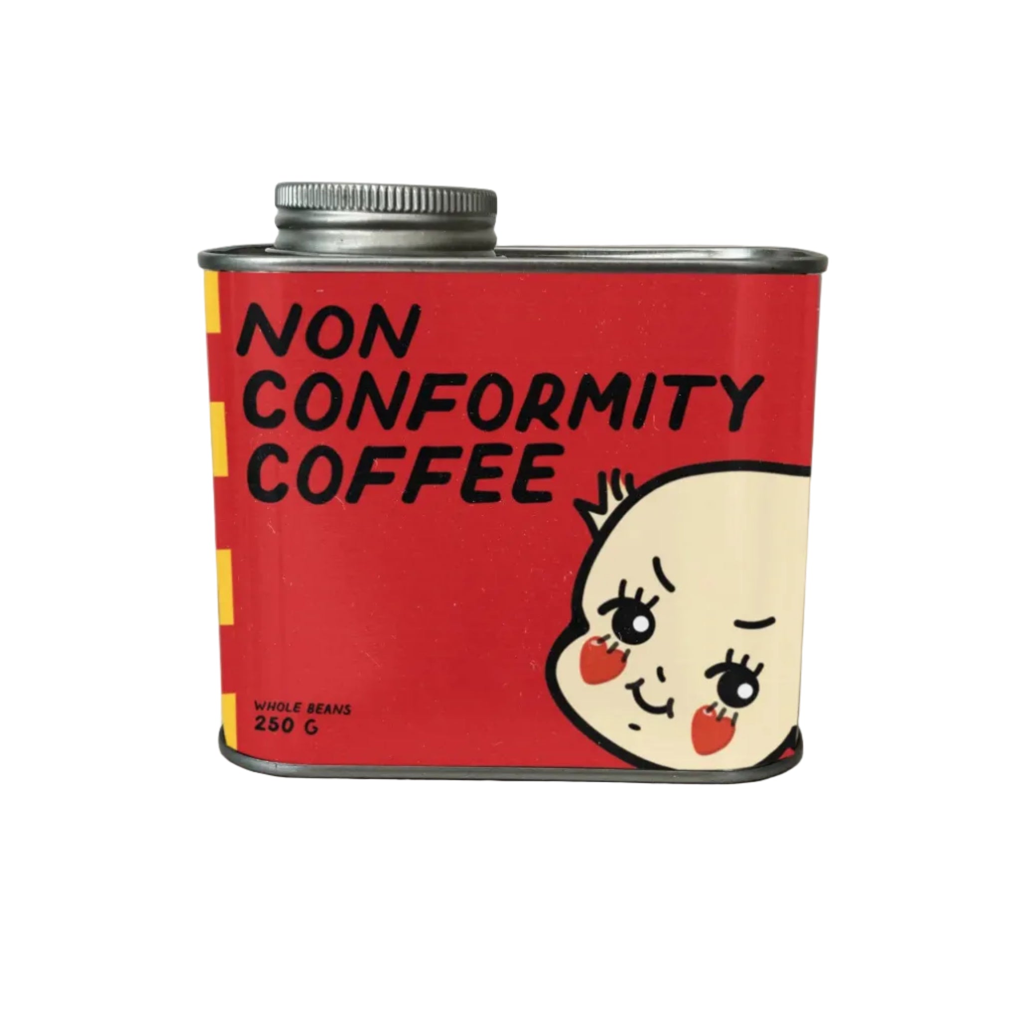 Red coffee can with a cartoon face and 'Non Conformity Coffee' text on a white background