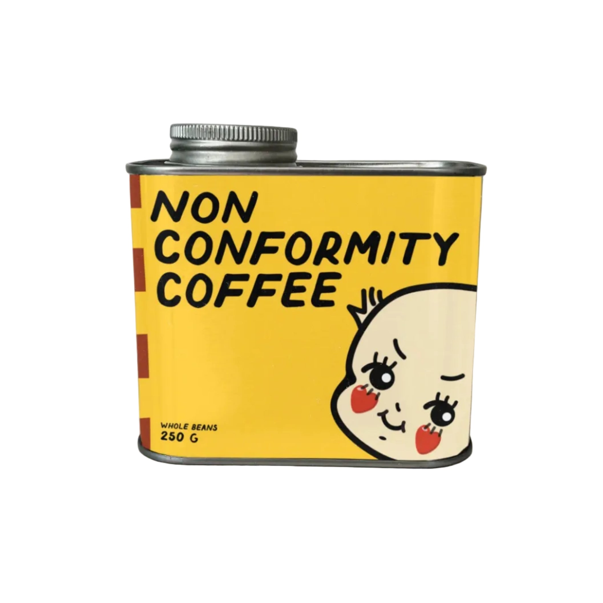 Coffee can with a cartoon face on a white background