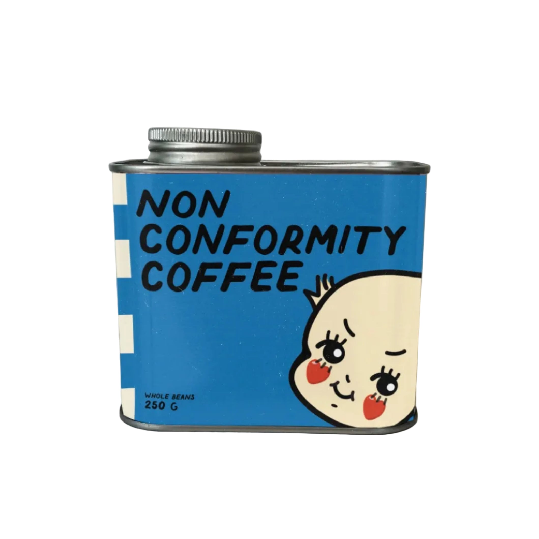 Can of Non Conformity Coffee with a cartoon face design on a white background