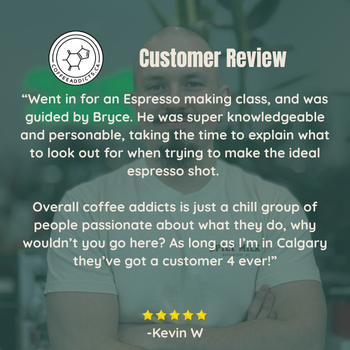 A promotional graphic featuring a customer review for 'Espresso addicts' coffee club. The text displays a testimonial from Kevin W.