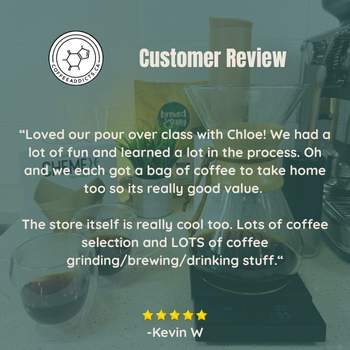A customer review graphic with a faded photo of a coffee preparation setup in the background, a circular logo at top left, the heading 'Customer Review,' a long quote by Kevin W, and five stars at the bottom.