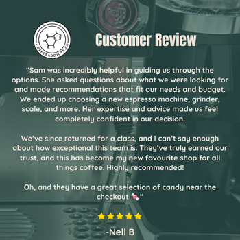 A customer review graphic with a dark espresso machine in the background, a white circular logo at top left, the heading 'Customer Review,' a testimonial quote from Sam, and a five-star rating at the bottom.
