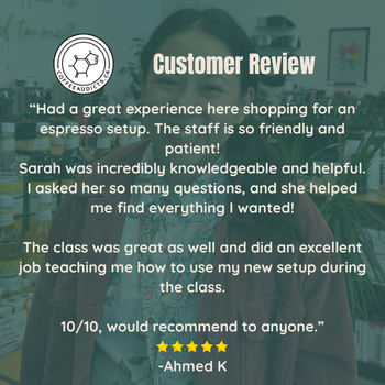 A customer review graphic with a photo of a woman in a cafe setting, overlaid with text reading 'Customer Review' and a testimonial quote from Ahmed K, plus a five-star rating.