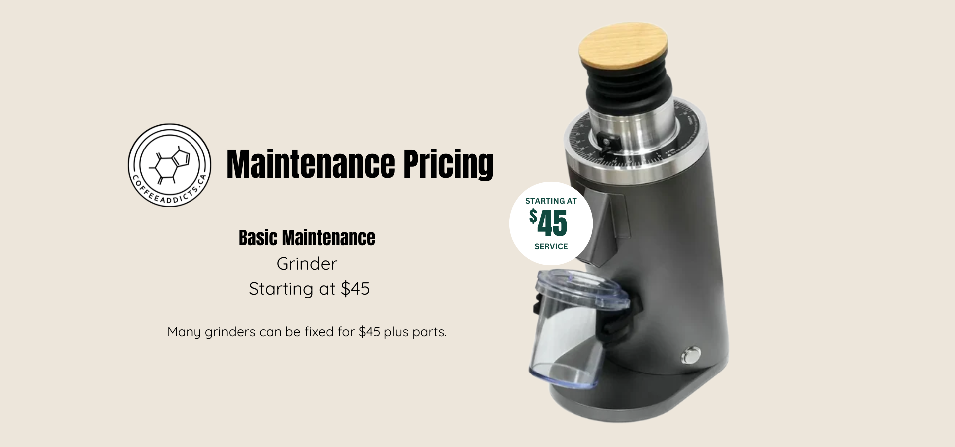 Vape grinder with maintenance pricing information on a beige background