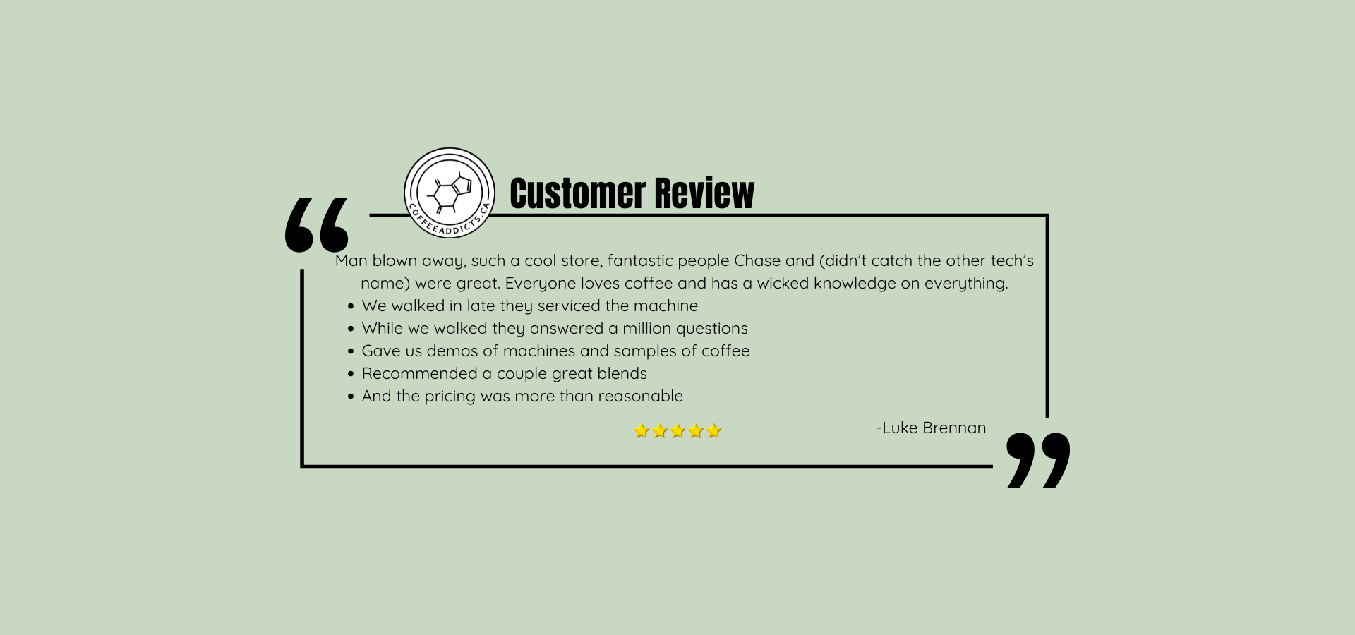 Customer review text on a light green background with a logo at the top.