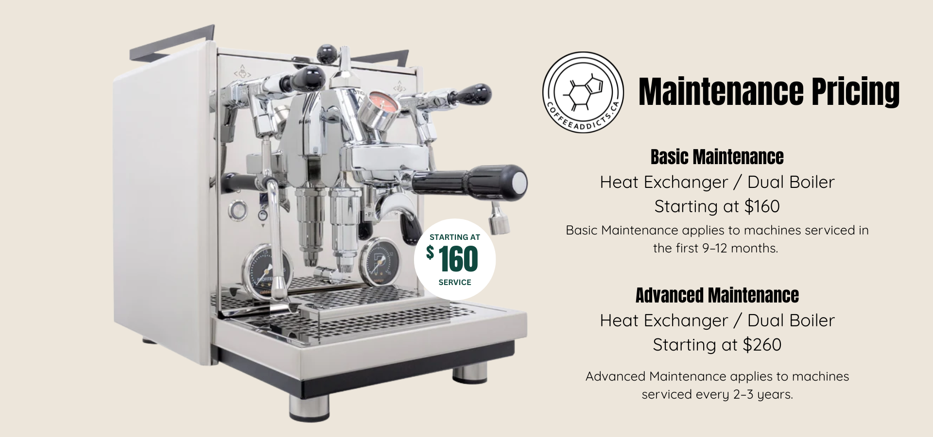Espresso machine with maintenance pricing information on a beige background