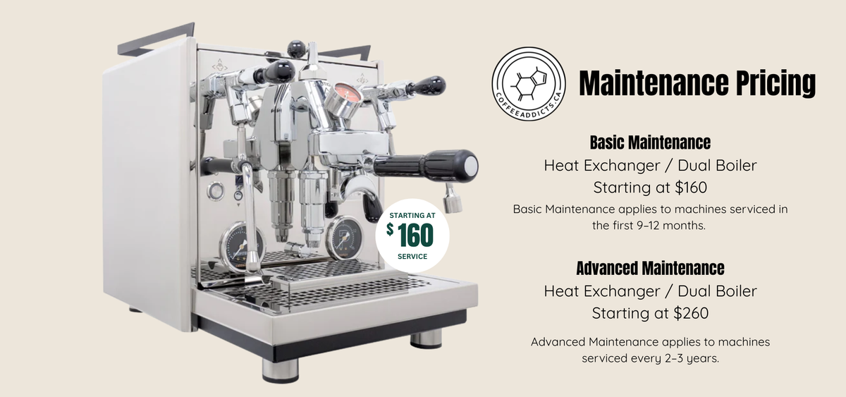 Espresso machine with maintenance pricing information on a beige background