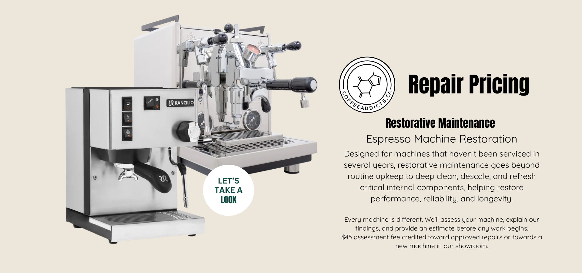 Espresso machine with repair pricing information on a beige background
