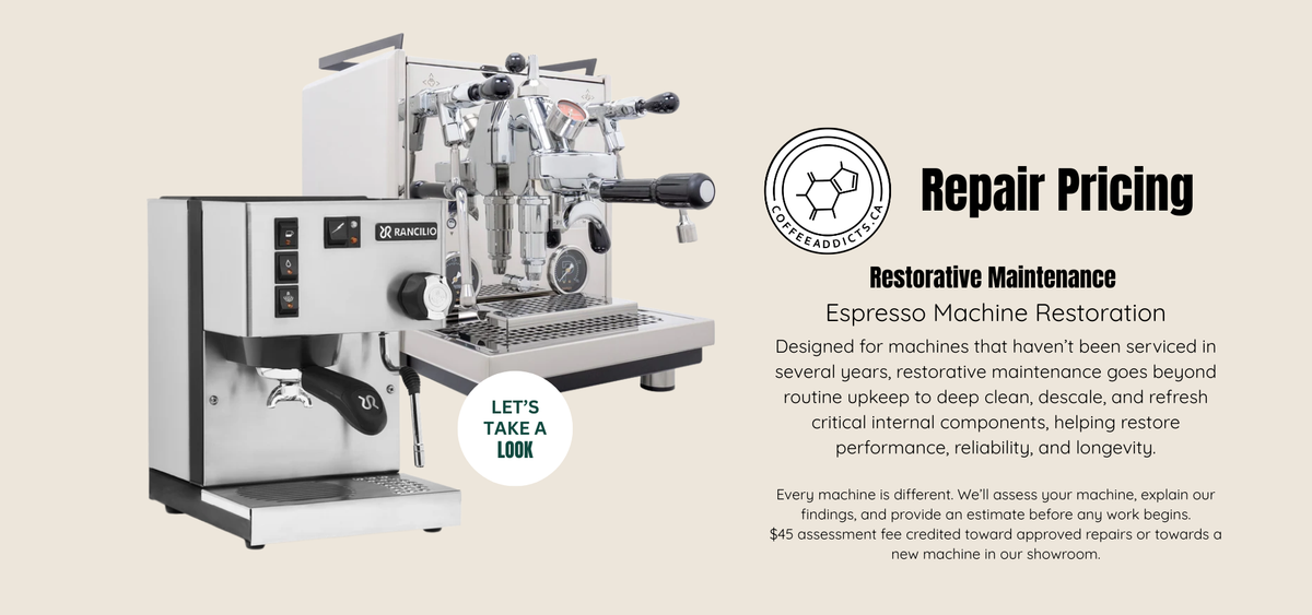 Espresso machine with repair pricing information on a beige background