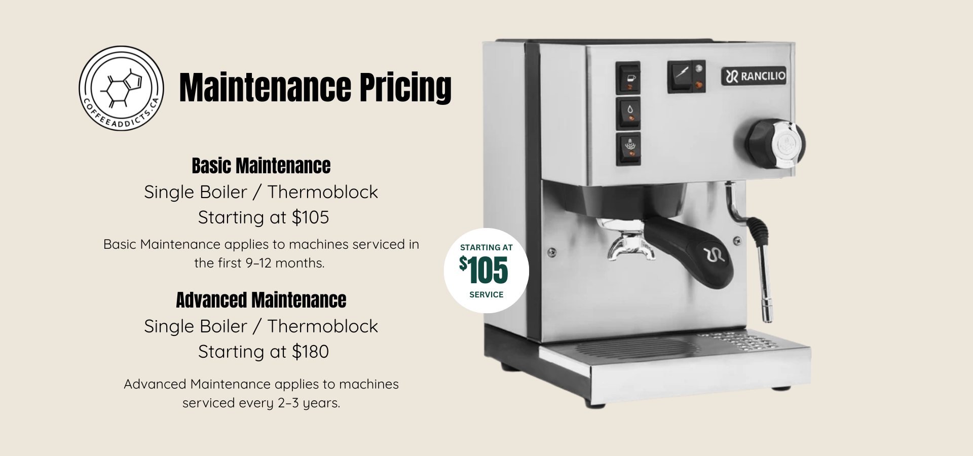 Espresso machine with maintenance pricing information on a beige background