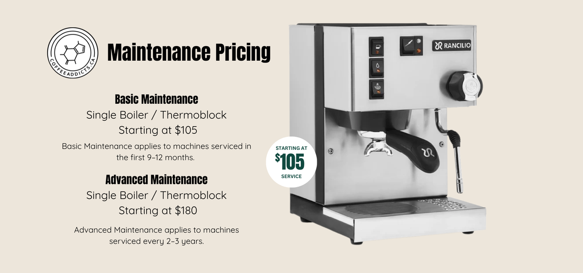 Espresso machine with maintenance pricing information on a beige background