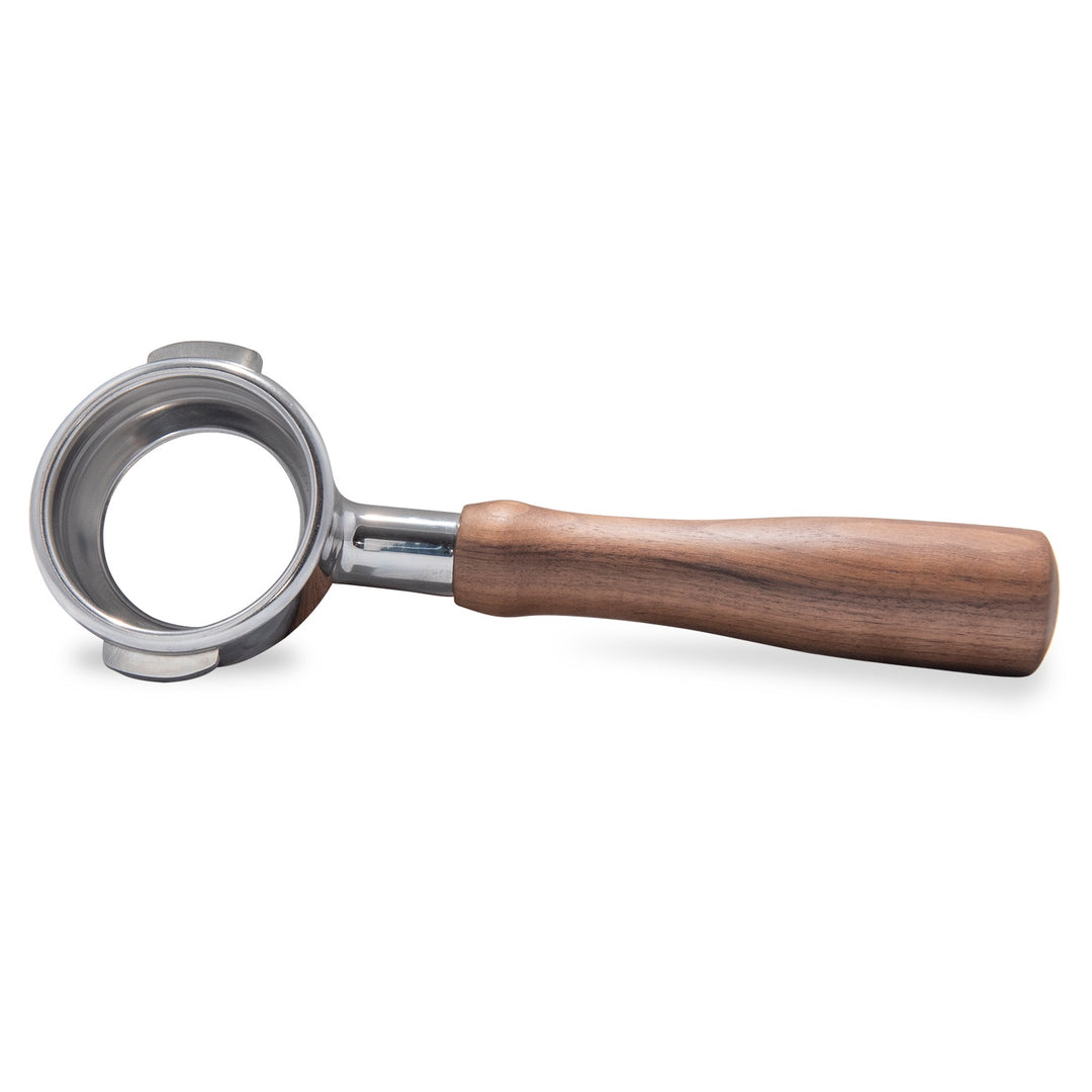 Flair 58mm walnut handle portafilter shown without a basket
