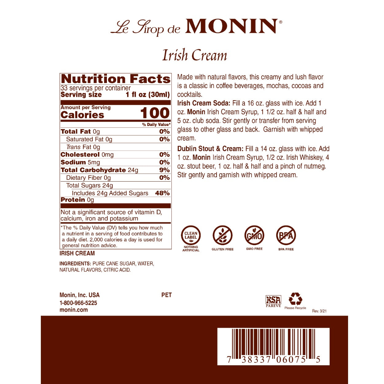 Monin Irish Cream Syrup