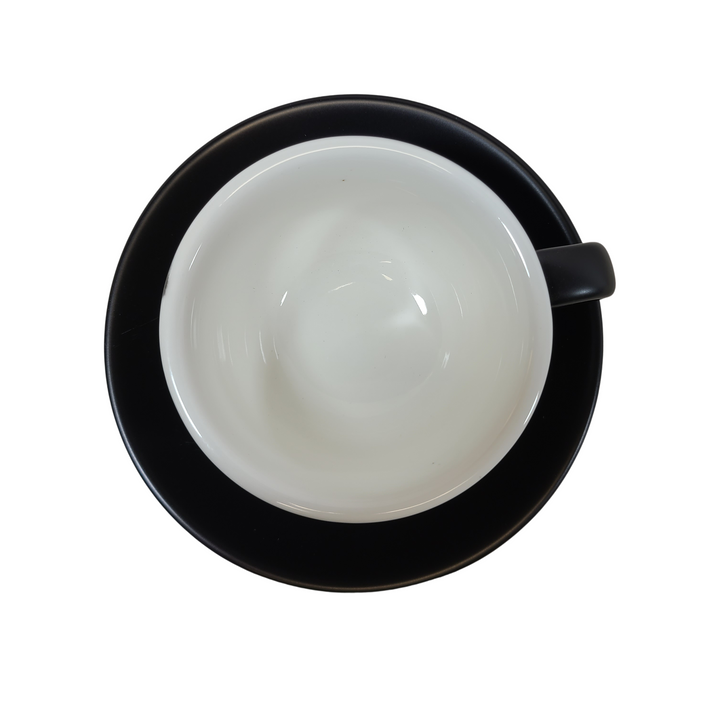 Coffee Addicts commercial ceramic cup with saucer in matte black cappuccino cortado cup 5oz 150ml top view