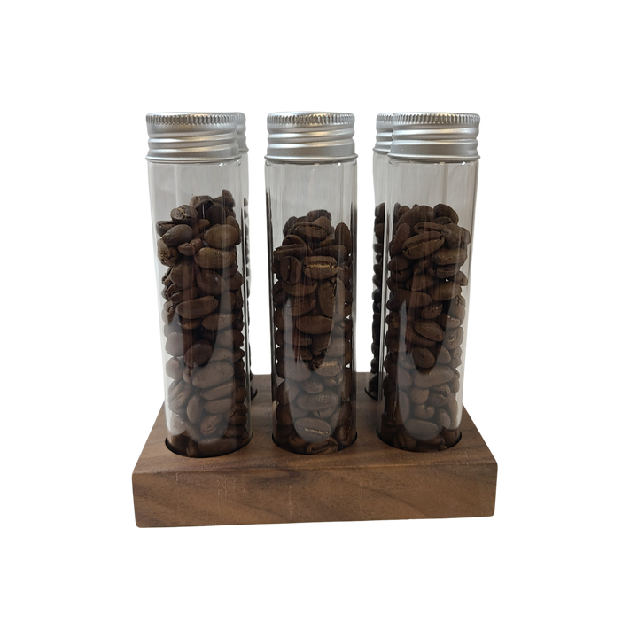 Coffee Sensor Bean Cellar With Walnut Stand And Glass Tubes With One Way Valve Caps