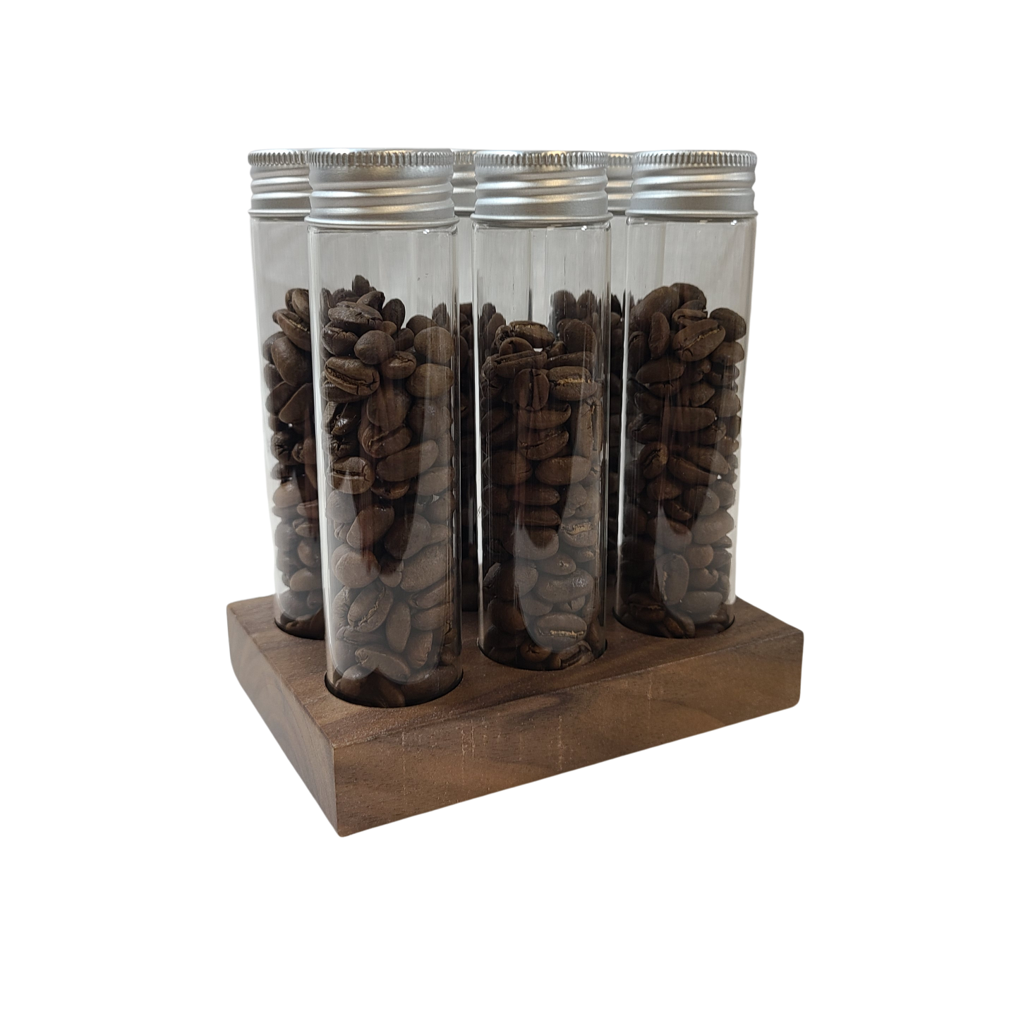 Coffee Sensor Bean Cellar With Walnut Stand And Glass Tubes With One Way Valve Caps