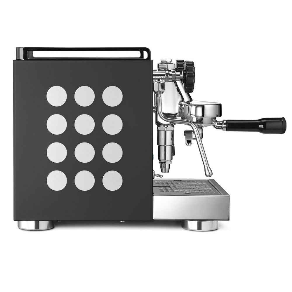 Rocket Appartamento Black (Serie Nera) Espresso Machine with white insert side view